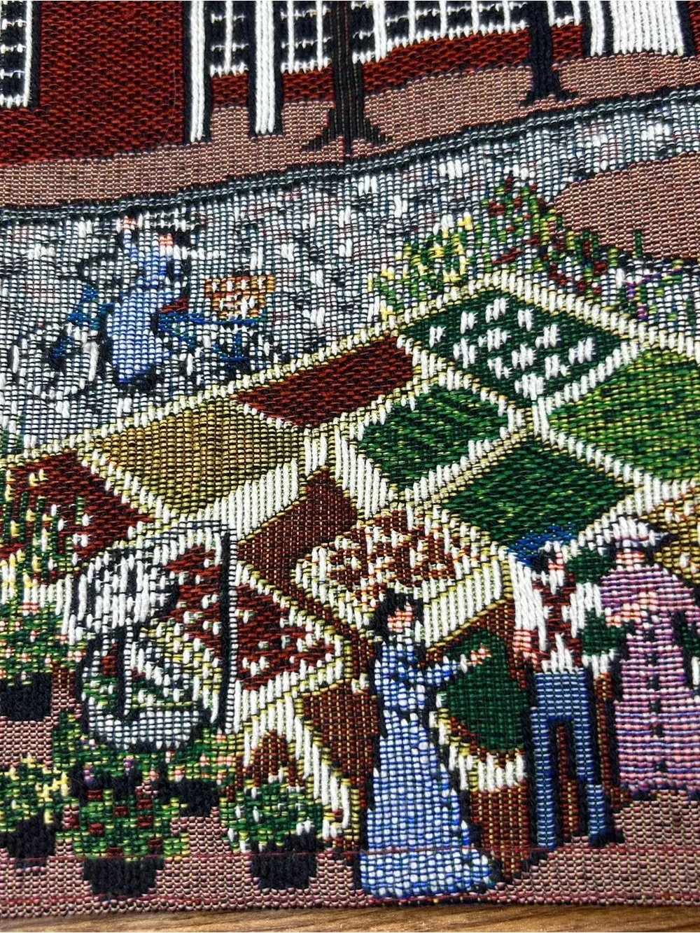 Colonial America Town Scene Tapestry Table Runner Town Common Folk Art 72” x 13”